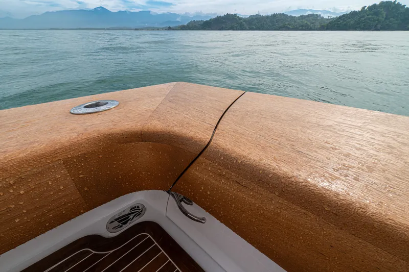  Yacht Photos Pics 2022 Jarrett Bay Flybridge Express boat deck with scenic water and mountain backdrop.