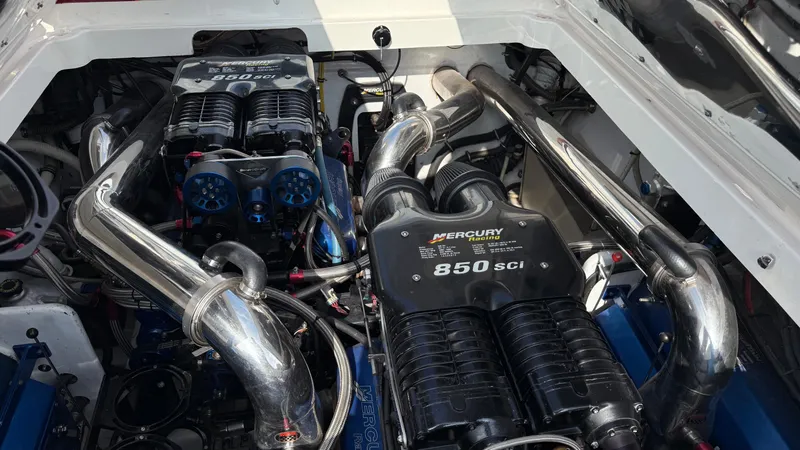  Yacht Photos Pics Engine compartment of a 2007 Fountain 42 Lightning with Mercury 850 SCI engines.