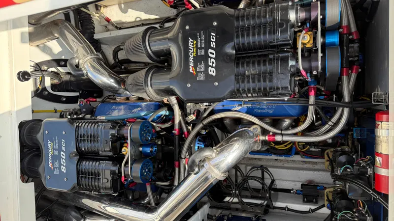  Yacht Photos Pics Engine compartment of a 2007 Fountain 42 Lightning with Mercury 850 SCI engines.