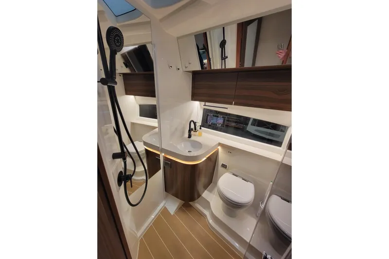 Soul Yacht Photos Pics Luxurious bathroom in 2025 Marex 440 Gourmet Cruiser with modern fixtures and elegant design.