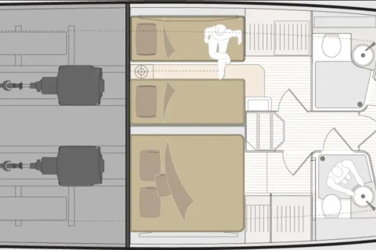 Soul Yacht Photos Pics Floor plan of 2025 Marex 440 Gourmet Cruiser, featuring cabins and engine layout.