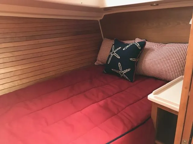  Yacht Photos Pics Cozy cabin interior of 2026 Back Cove 372 with red bedding and starfish-themed pillows.