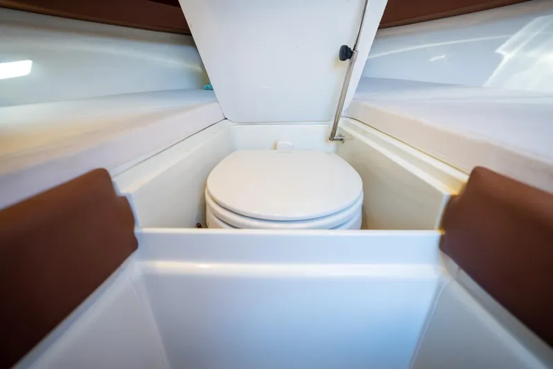 Mia Mia Yacht Photos Pics 2020 Riva Aquariva Super boat interior with compact toilet.