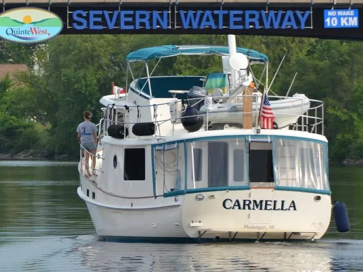 Carmella Yacht Photos Pics Kadey-Krogen 44AE 2019 yacht "Carmella" cruising under Severn Waterway bridge.