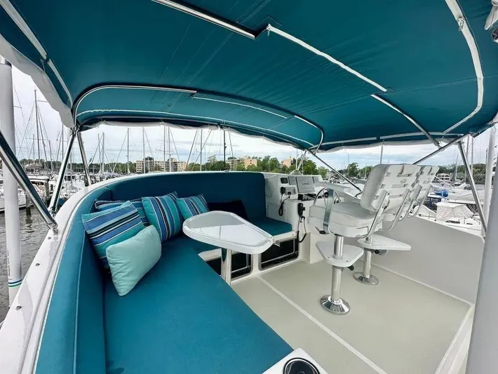 Carmella Yacht Photos Pics Flybridge of 2019 Kadey-Krogen 44AE yacht with blue seating and helm station.
