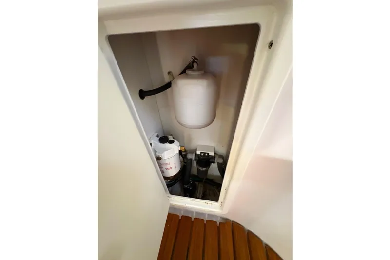 Sea Fever IV Yacht Photos Pics Catalina 355 (2022) engine compartment with fuel filter and components.