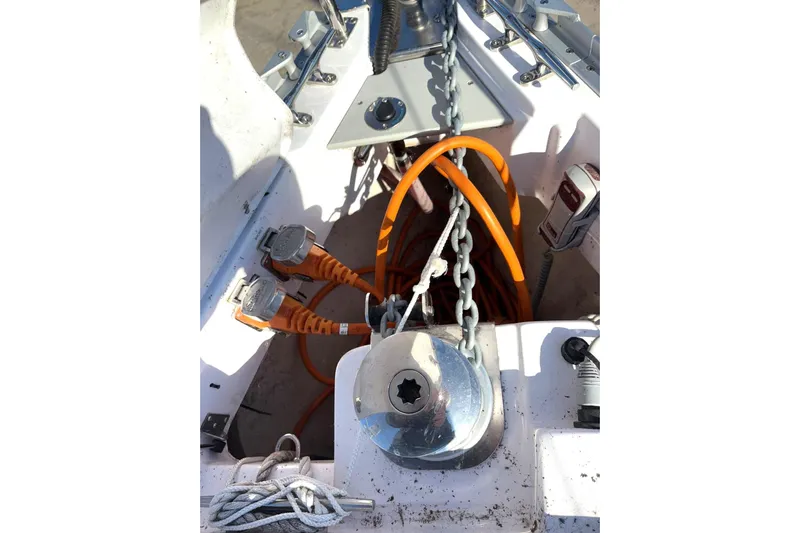 Sea Fever IV Yacht Photos Pics Anchor chain and cables on a 2022 Catalina 355 sailboat deck.