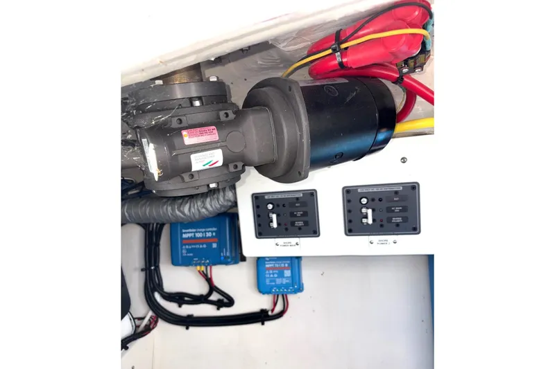 Sea Fever IV Yacht Photos Pics Engine compartment of 2022 Catalina 355 sailboat with electrical components and wiring.