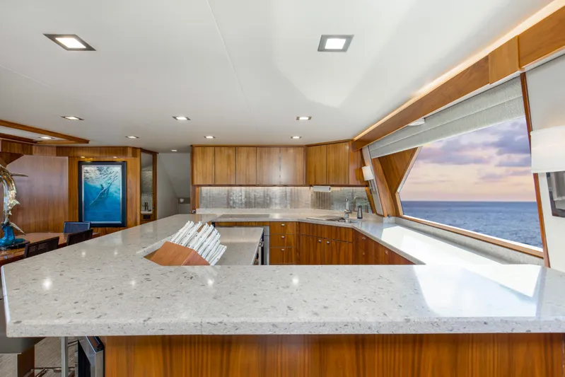 Touche Yacht Photos Pics Luxurious kitchen interior of 2016 Viking 92 Enclosed Bridge yacht with ocean view.