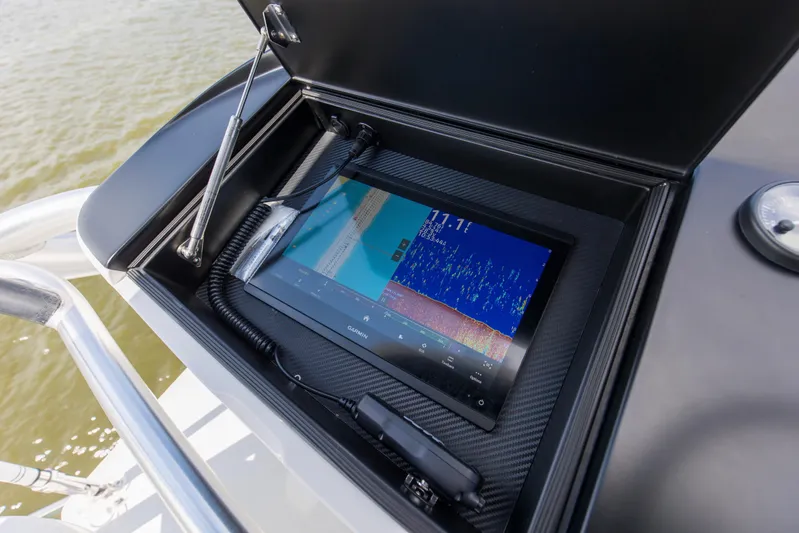 Touche Yacht Photos Pics 2016 Viking 92 Enclosed Bridge with Garmin marine electronics display.