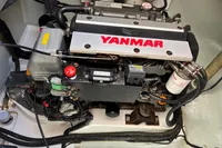Engine compartment of a 2020 Leopard 45 catamaran with Yanmar engine.