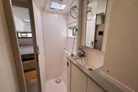 Modern bathroom interior on a 2020 Leopard 45 yacht, featuring sleek design and fixtures.
