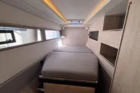 Modern interior cabin of a 2020 Leopard 45 yacht with sleek design and ambient lighting.