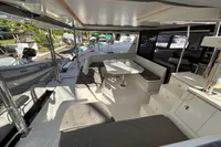Leopard 45 catamaran interior with seating and table, 2020 model.