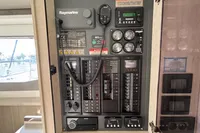 Electrical control panel on a 2020 Leopard 45 yacht with Raymarine equipment.