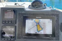 Navigation system on a 2020 Leopard 45 yacht, featuring Raymarine displays and nautical charts.