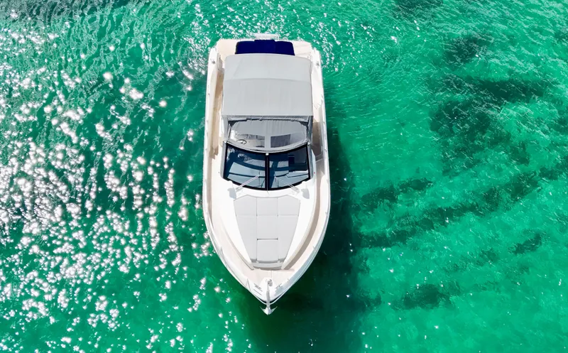  Yacht Photos Pics Aerial view of 2014 Absolute 40 yacht on clear turquoise water.