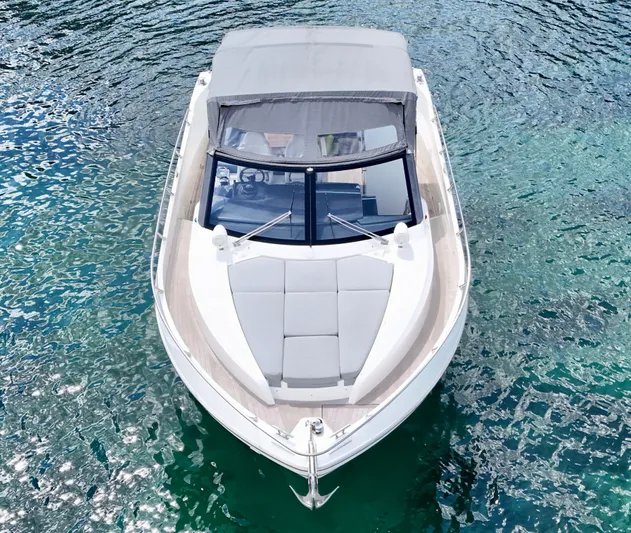  Yacht Photos Pics Luxury Absolute 40 yacht from 2014 on clear blue water, top view.