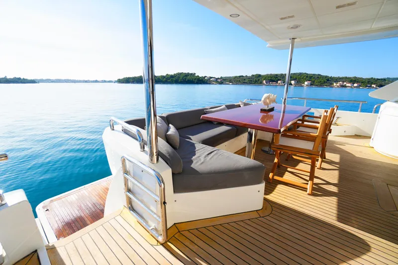 Hubo Yacht Photos Pics Luxurious 2016 Azimut 84 yacht deck with seating, overlooking serene blue waters.