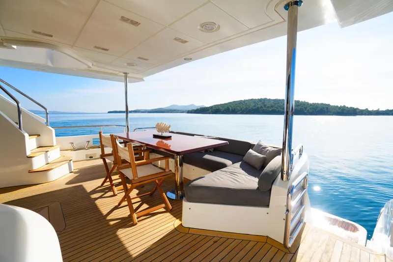 Hubo Yacht Photos Pics Luxurious 2016 Azimut 84 yacht deck with seating, table, and ocean view.