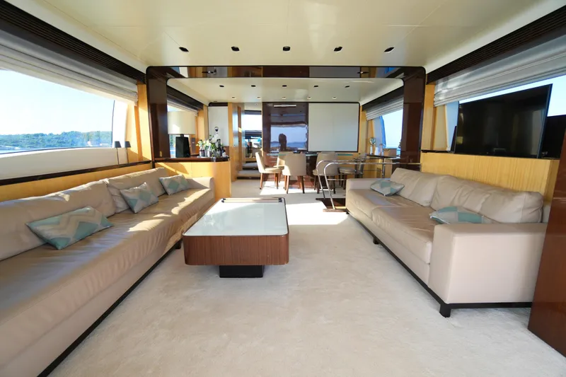 Hubo Yacht Photos Pics Luxurious interior of 2016 Azimut 84 yacht with elegant seating and modern decor.