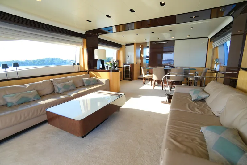 Hubo Yacht Photos Pics Luxurious interior of 2016 Azimut 84 yacht with elegant seating and modern decor.
