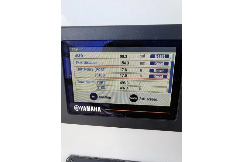  Yacht Photos Pics Yamaha display showing trip data on a 2018 Cobia 320 Center Console boat.