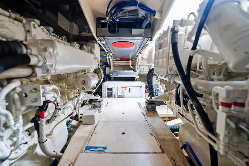 La Sirena Yacht Photos Pics Engine room of 2014 Riva Rivarama Super yacht, showcasing intricate machinery and components.