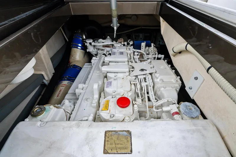 La Sirena Yacht Photos Pics Engine compartment of a 2014 Riva Rivarama Super yacht, showcasing intricate mechanical details.