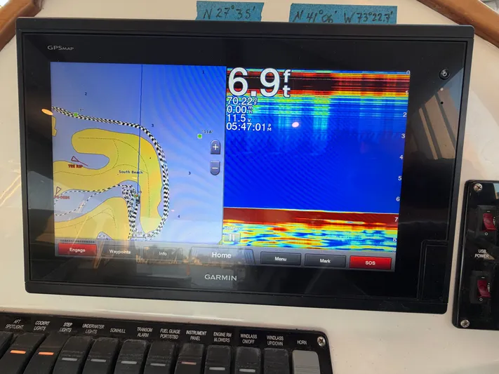 Ticklish Yacht Photos Pics Garmin GPS chartplotter on True North 38 Heritage, year 2002.