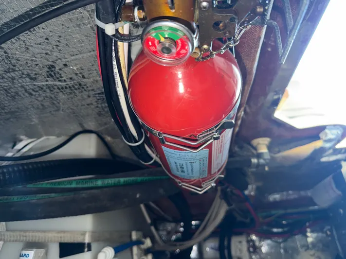 Ticklish Yacht Photos Pics Fire extinguisher in engine room of a 2002 True North 38 Heritage boat.
