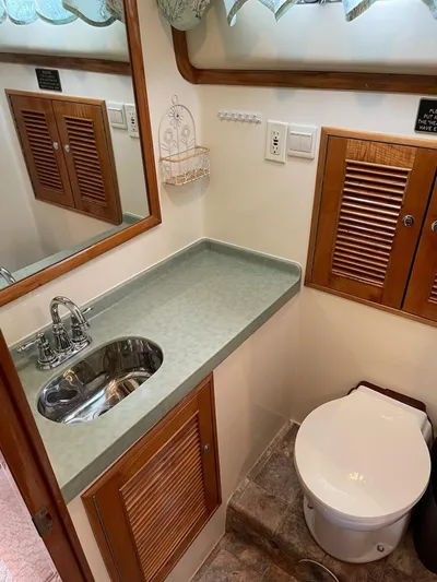 Necessity Yacht Photos Pics 2005 Albin 44 Command Bridge bathroom with sink, toilet, and wooden cabinetry.