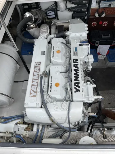 Necessity Yacht Photos Pics Engine compartment of 2005 Albin 44 Command Bridge with Yanmar engines.
