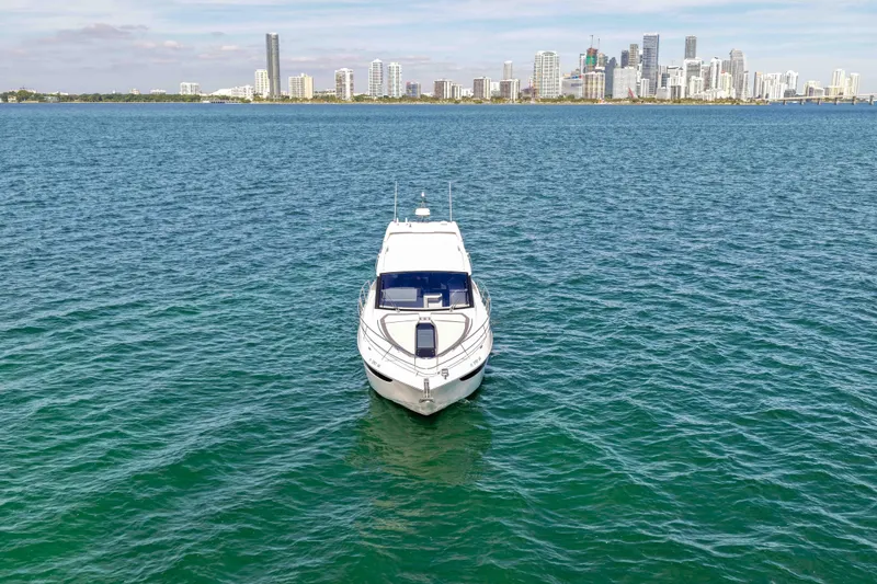  Yacht Photos Pics 2021 Galeon 425 HTS yacht on open water with city skyline in background.