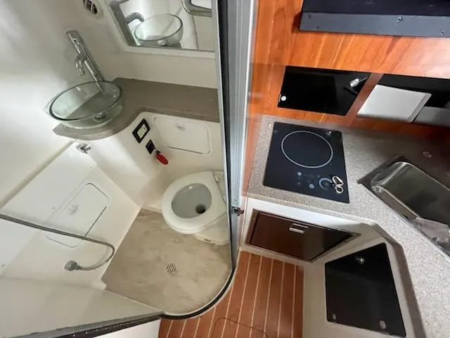  Yacht Photos Pics 2020 Regulator 41 boat interior with bathroom and kitchenette.
