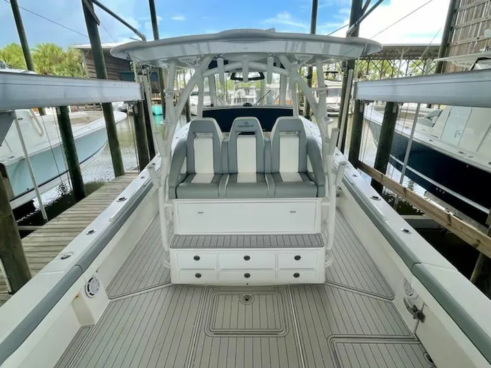  Yacht Photos Pics 2020 Regulator 41 boat interior with seating and storage.