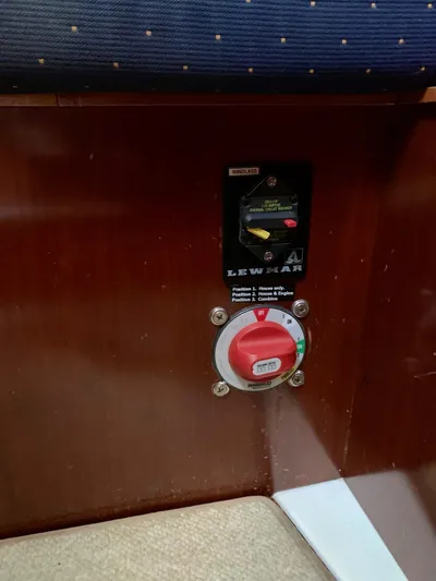 Oasis Yacht Photos Pics Control panel on a 2004 Beneteau Oceanis 393 sailboat, featuring Lewmar equipment.