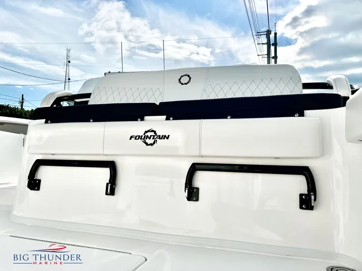  Yacht Photos Pics 2023 Fountain 38 TE boat rear seating with logo, Big Thunder Marine branding.