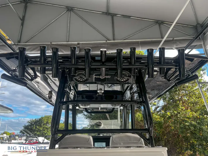  Yacht Photos Pics 2023 Fountain 38 TE boat under canopy with rod holders and Big Thunder Marine logo.