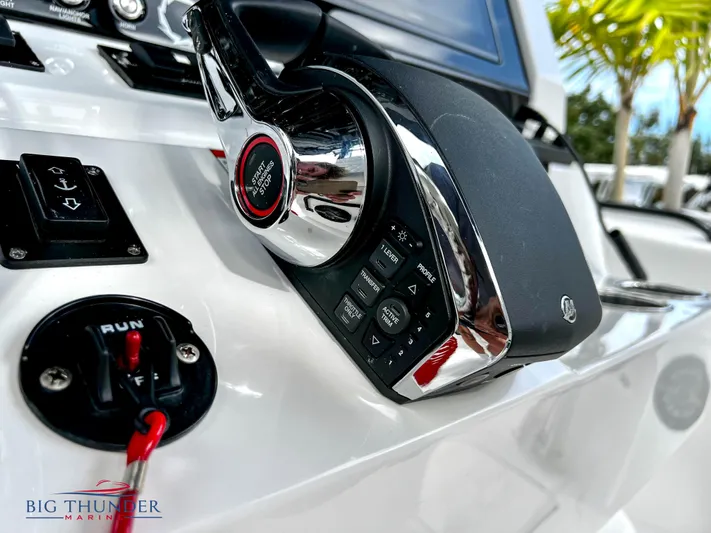 Yacht Photos Pics Close-up of 2023 Fountain 38 TE boat throttle controls.