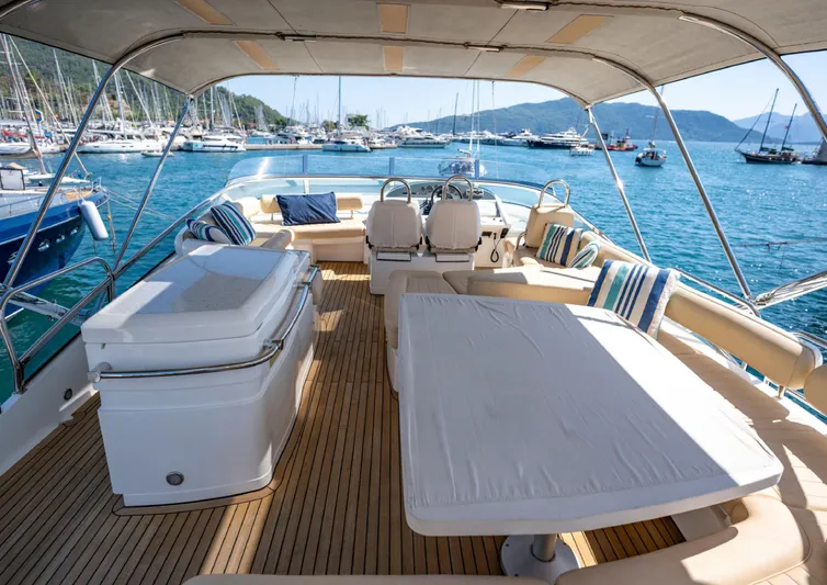  Yacht Photos Pics Luxurious 2010 Fairline Squadron 78 yacht deck with seating, overlooking marina and mountains.