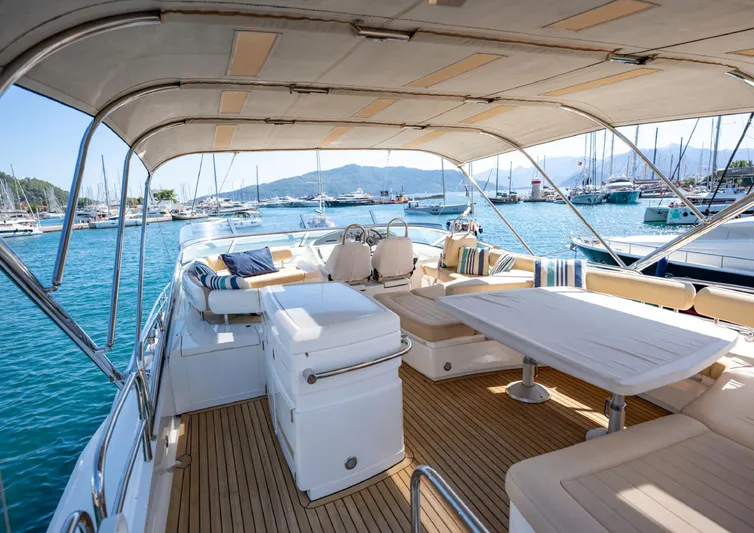  Yacht Photos Pics Luxurious 2010 Fairline Squadron 78 yacht deck with seating, table, and scenic marina view.