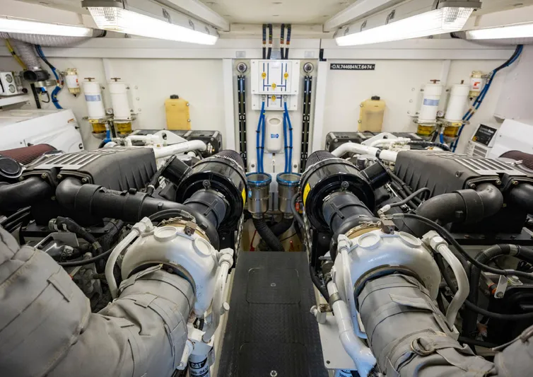  Yacht Photos Pics Engine room of 2010 Fairline Squadron 78 yacht, showcasing dual engines and mechanical systems.