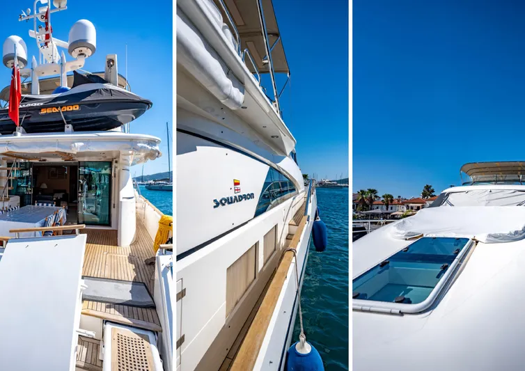  Yacht Photos Pics 2010 Fairline Squadron 78 yacht, exterior views, docked in sunny marina.