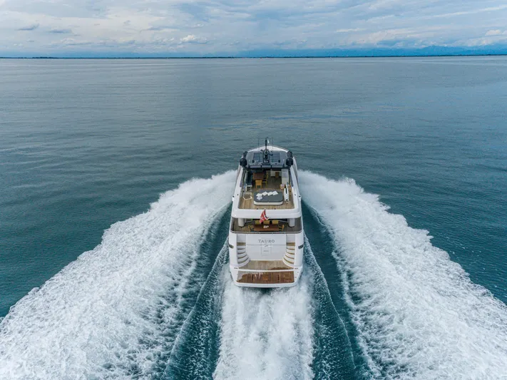  Yacht Photos Pics Sanlorenzo SL88 2008 yacht cruising on open sea, aerial rear view.