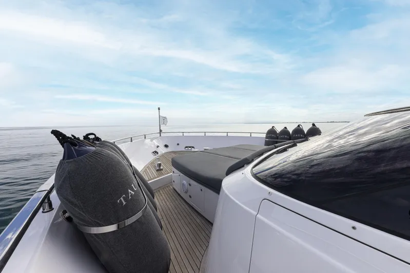  Yacht Photos Pics Sanlorenzo SL88 yacht deck, 2008 model, with ocean view and clear sky.