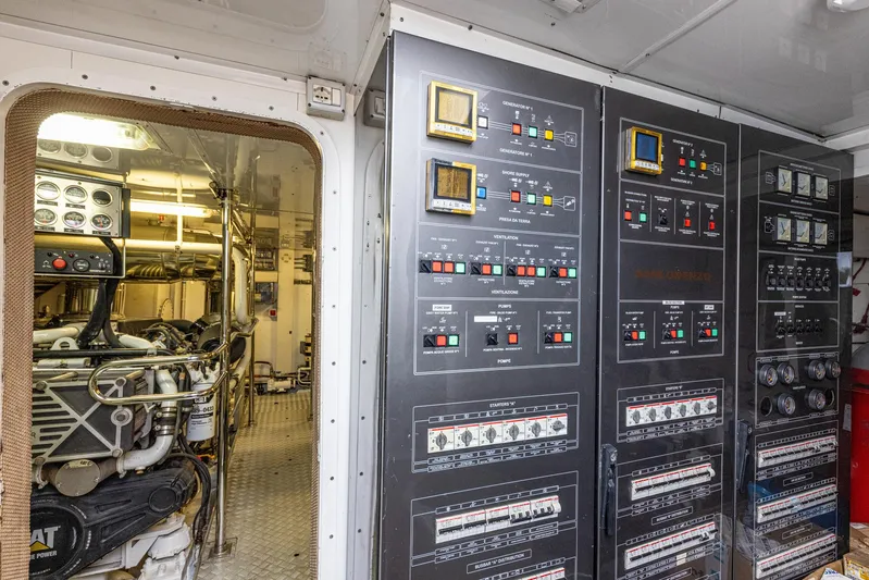  Yacht Photos Pics Engine room and control panels of 2008 Sanlorenzo SL88 yacht.