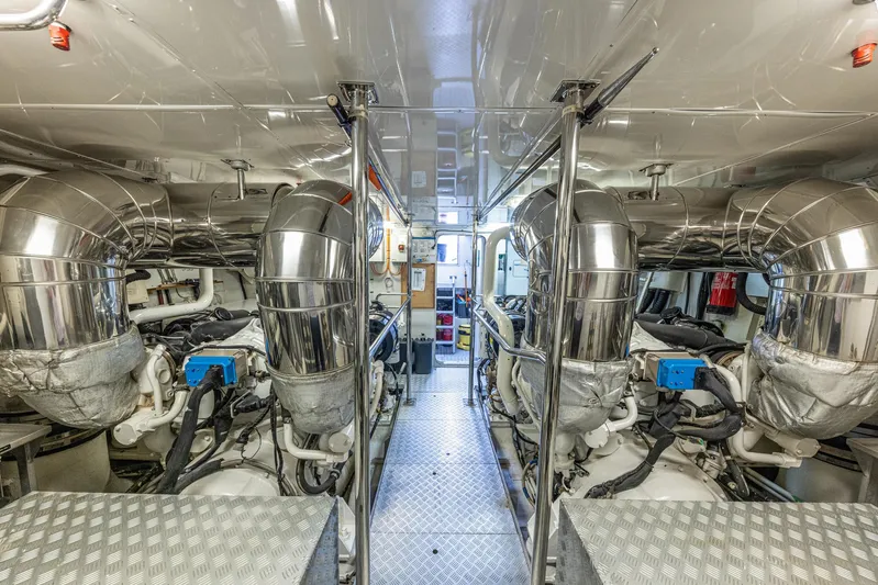  Yacht Photos Pics Engine room of 2008 Sanlorenzo SL88 yacht, featuring polished metal components and advanced machinery.