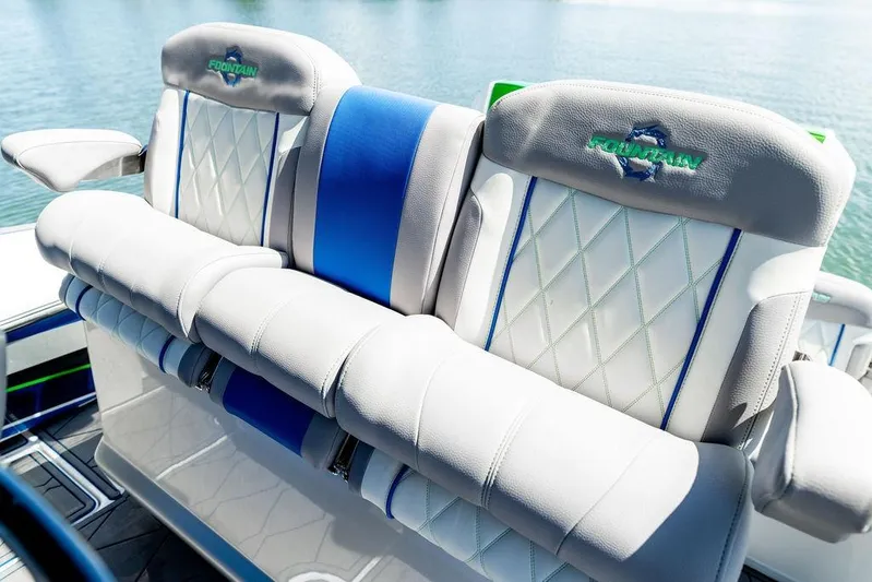  Yacht Photos Pics Luxury seating on 2022 Fountain 34 SC boat with diamond-stitched upholstery.