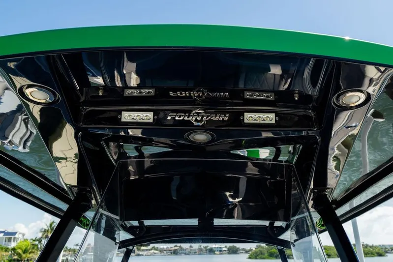  Yacht Photos Pics 2022 Fountain 34 SC boat canopy with integrated lighting, showcasing sleek design and craftsmanship.